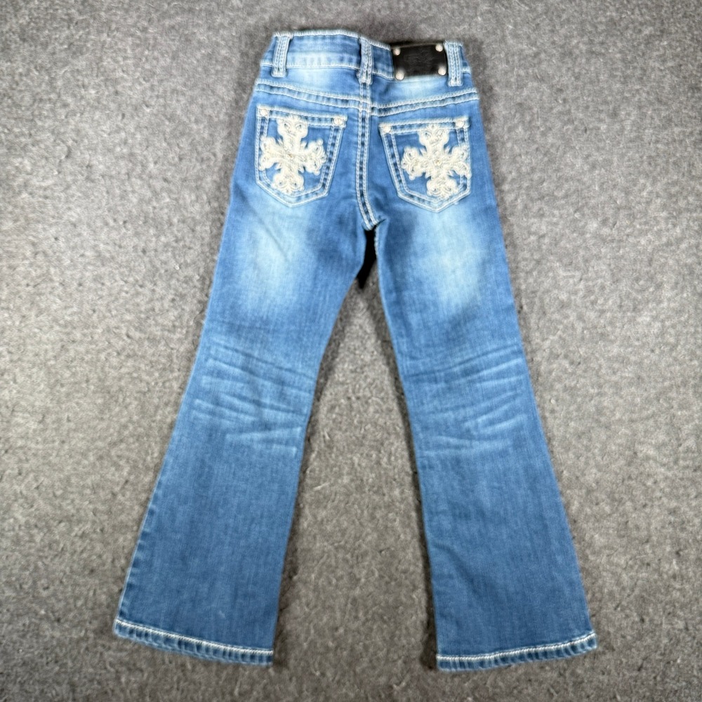Wired Heart Girls Blue Bootcut Jeans Embroidered Cross Rhinestone Size 6 - Picture 4 of 9